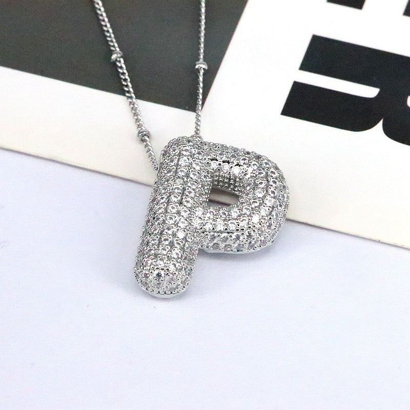 Custom Bubble Letter Initial Rhinestone Pendant Necklace 18K Gold Plated Stainless Steel Personalized Alphabet Letter Initial Necklace