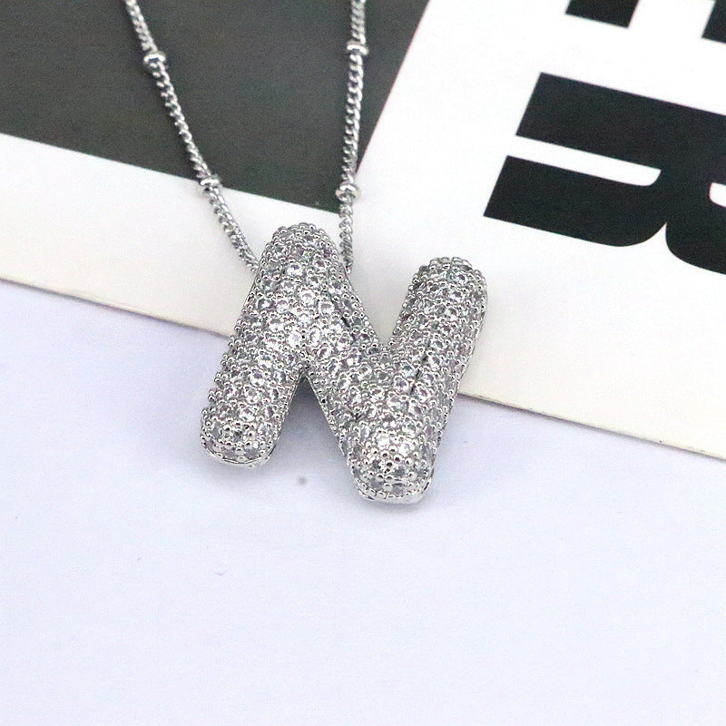 Custom Bubble Letter Initial Rhinestone Pendant Necklace 18K Gold Plated Stainless Steel Personalized Alphabet Letter Initial Necklace