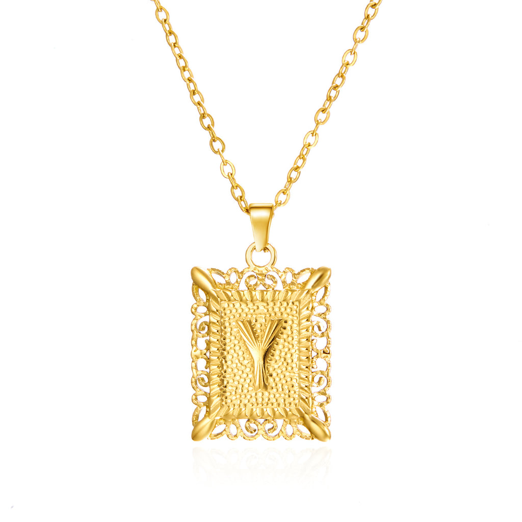 Custom Initial Rectangle Pendant Necklace – Vintage Frame Letter Necklace in Gold or Silver
