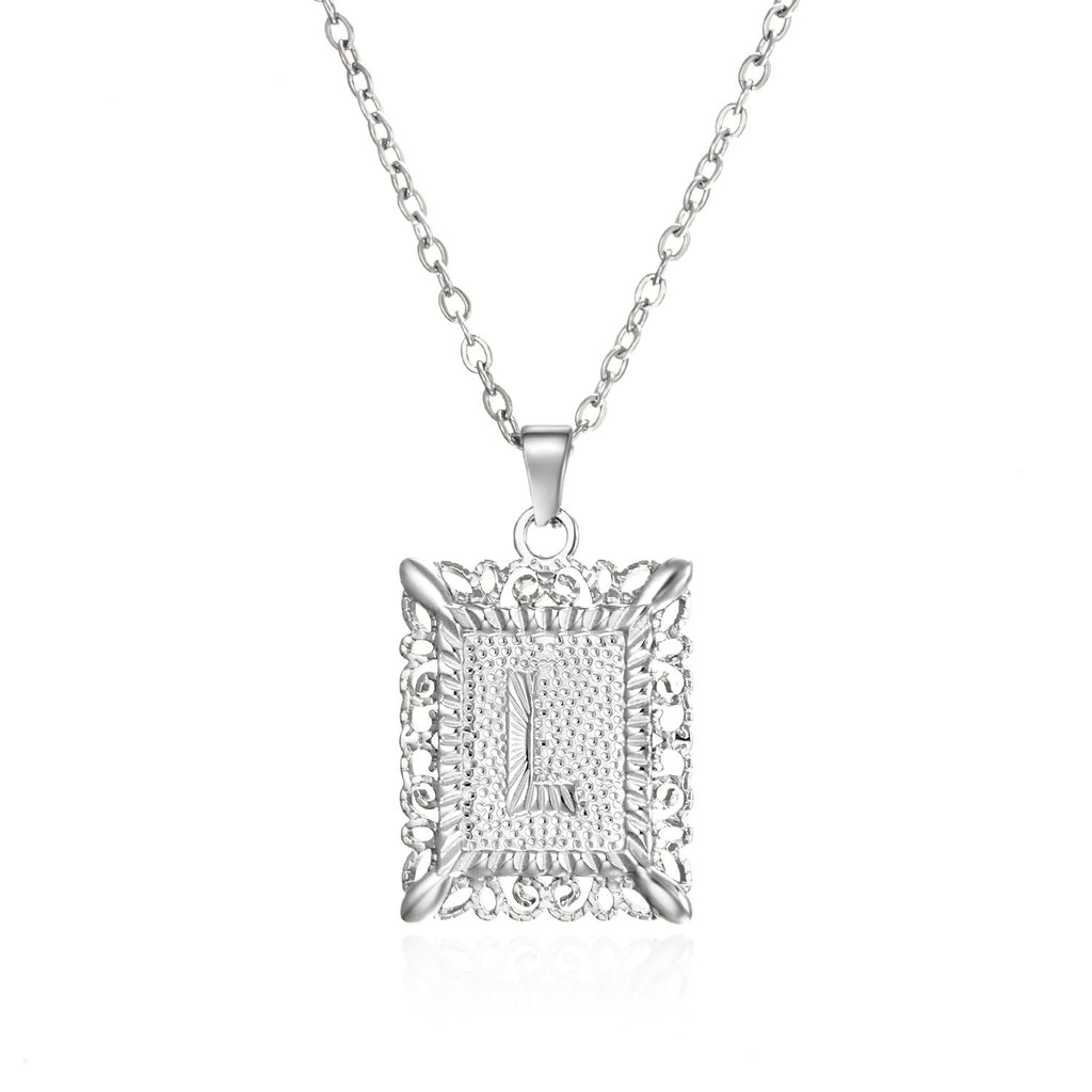 Custom Initial Rectangle Pendant Necklace – Vintage Frame Letter Necklace in Gold or Silver