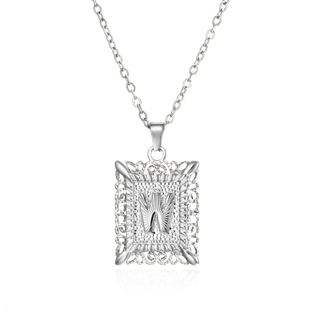 Custom Initial Rectangle Pendant Necklace – Vintage Frame Letter Necklace in Gold or Silver