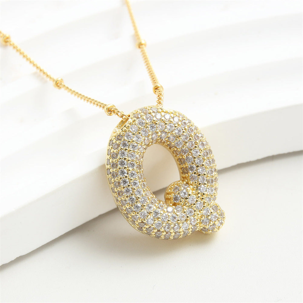 Custom Bubble Letter Initial Rhinestone Pendant Necklace 18K Gold Plated Stainless Steel Personalized Alphabet Letter Initial Necklace
