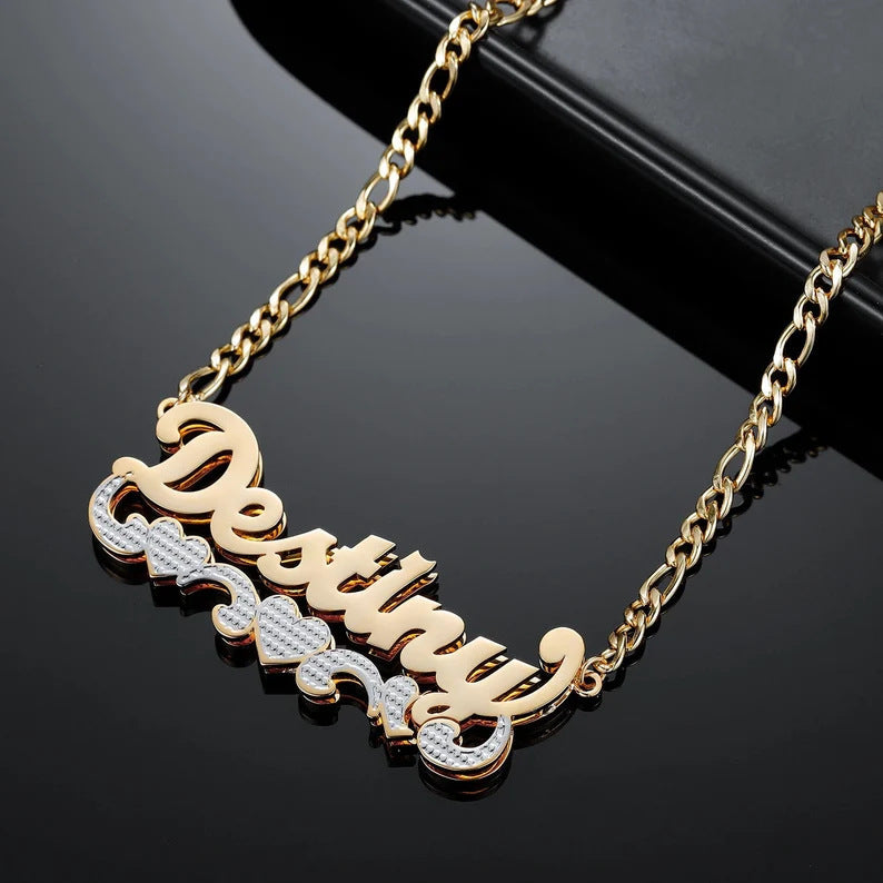 Double Plated Two Tone Custom Name With Triple Heart 18k Gold Plated Stainless Steel Figaro Chain Personalized Necklace