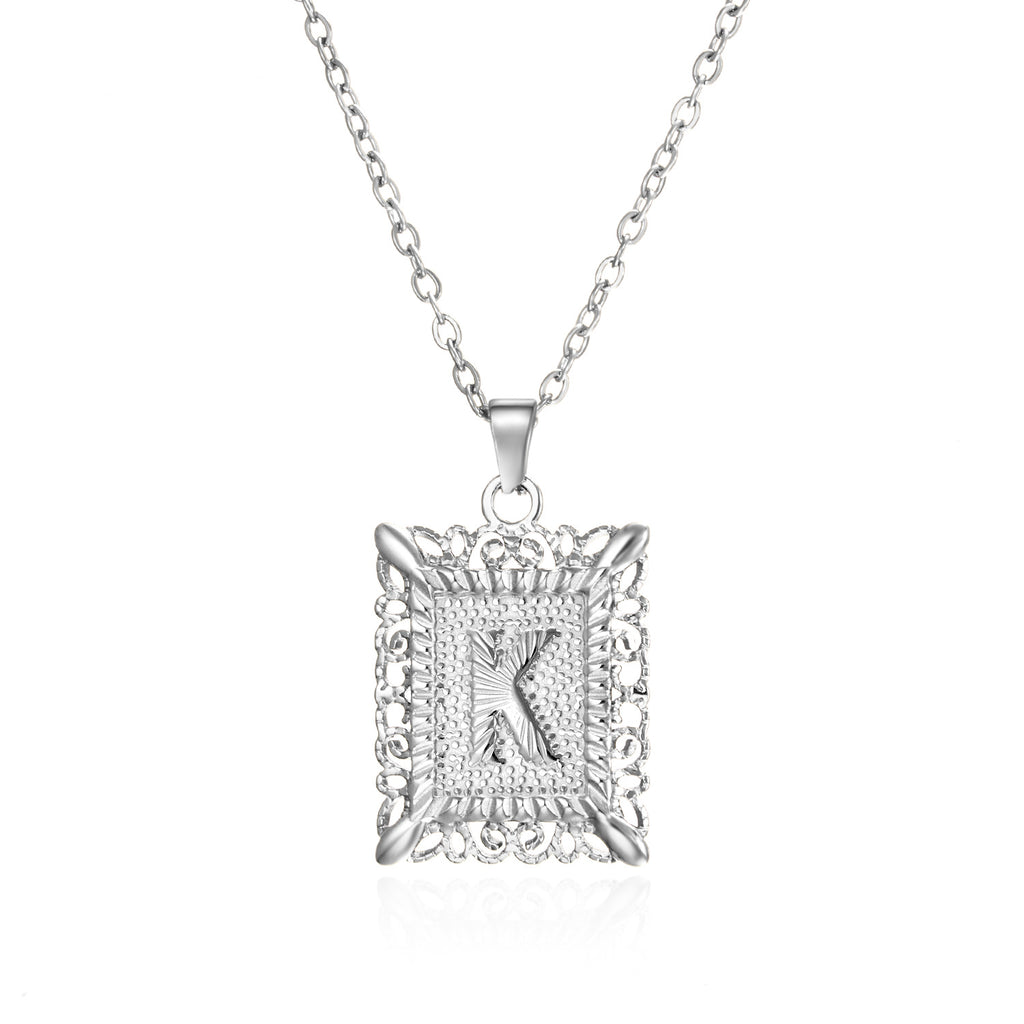 Custom Initial Rectangle Pendant Necklace – Vintage Frame Letter Necklace in Gold or Silver