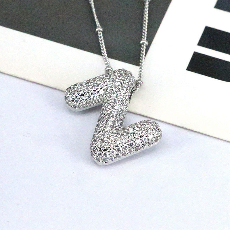 Custom Bubble Letter Initial Rhinestone Pendant Necklace 18K Gold Plated Stainless Steel Personalized Alphabet Letter Initial Necklace