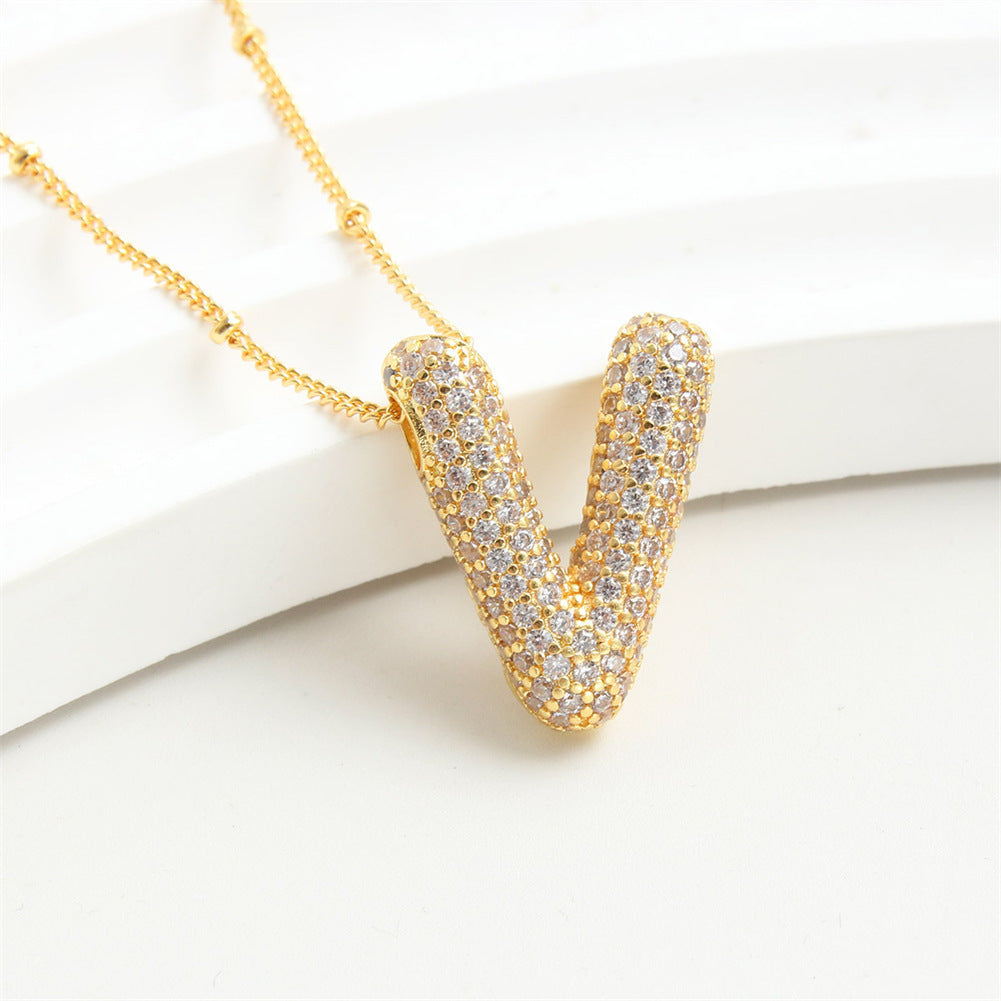 Custom Bubble Letter Initial Rhinestone Pendant Necklace 18K Gold Plated Stainless Steel Personalized Alphabet Letter Initial Necklace