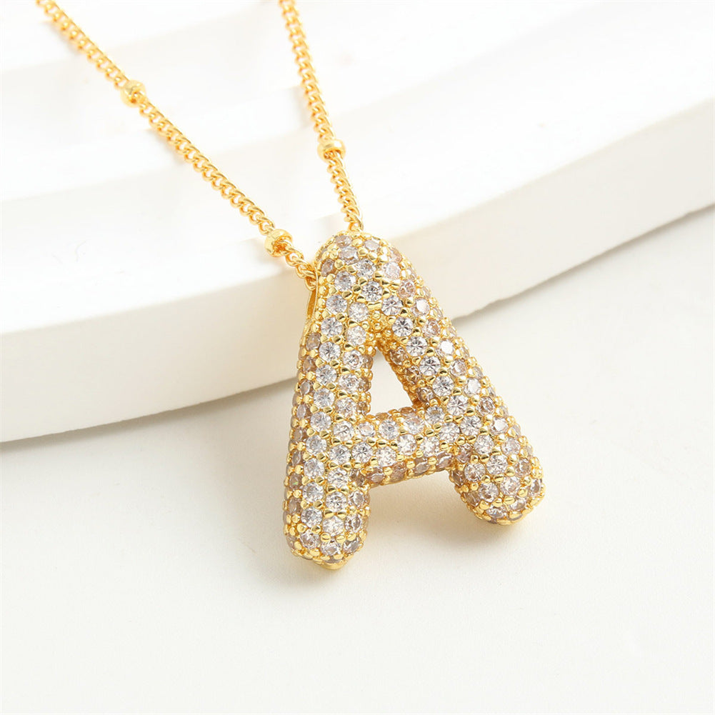 Custom Bubble Letter Initial Rhinestone Pendant Necklace 18K Gold Plated Stainless Steel Personalized Alphabet Letter Initial Necklace