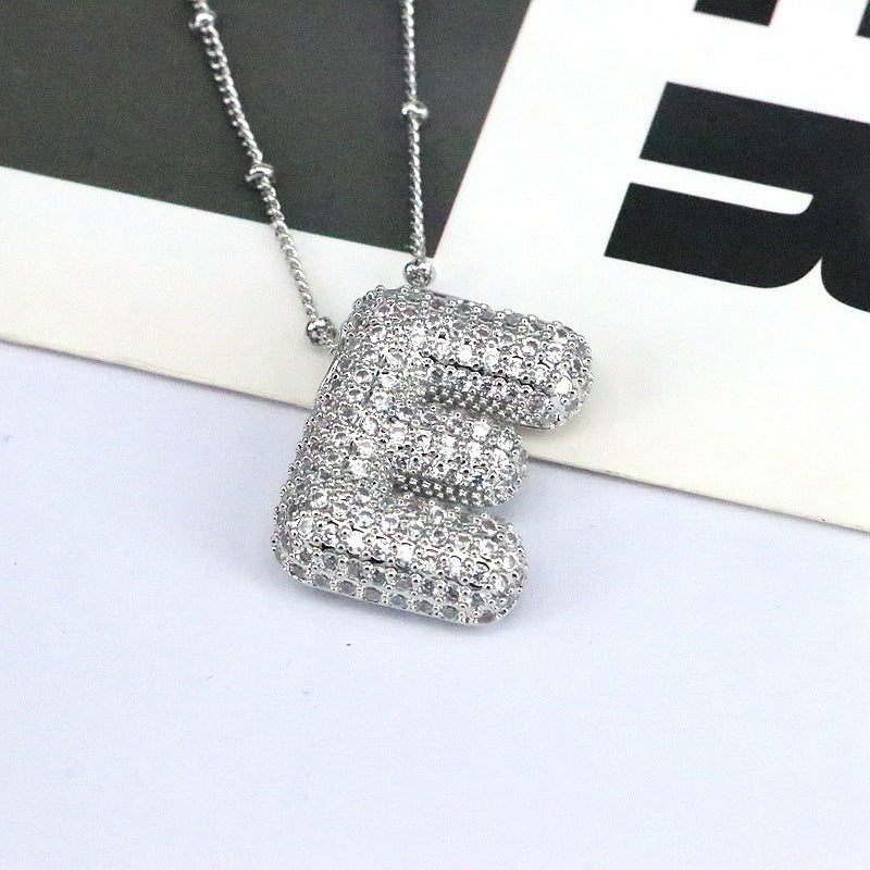 Custom Bubble Letter Initial Rhinestone Pendant Necklace 18K Gold Plated Stainless Steel Personalized Alphabet Letter Initial Necklace