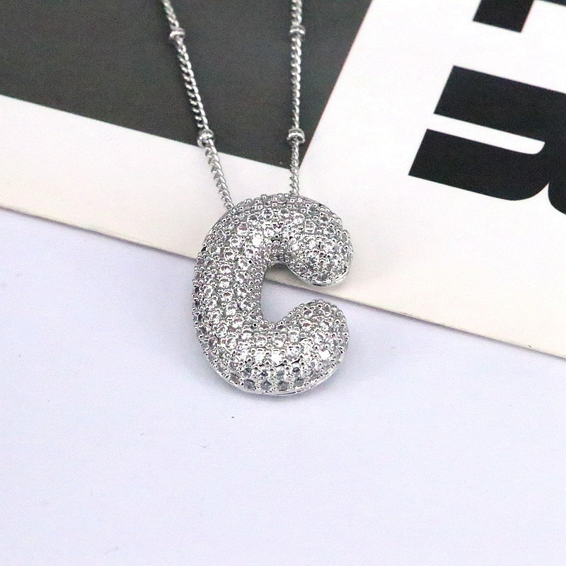 Custom Bubble Letter Initial Rhinestone Pendant Necklace 18K Gold Plated Stainless Steel Personalized Alphabet Letter Initial Necklace