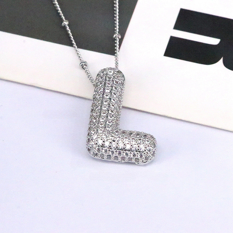 Custom Bubble Letter Initial Rhinestone Pendant Necklace 18K Gold Plated Stainless Steel Personalized Alphabet Letter Initial Necklace