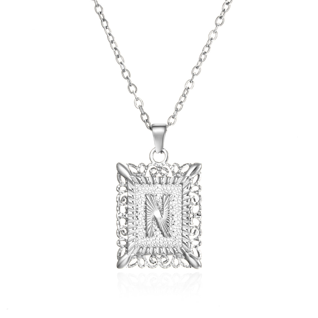Custom Initial Rectangle Pendant Necklace – Vintage Frame Letter Necklace in Gold or Silver