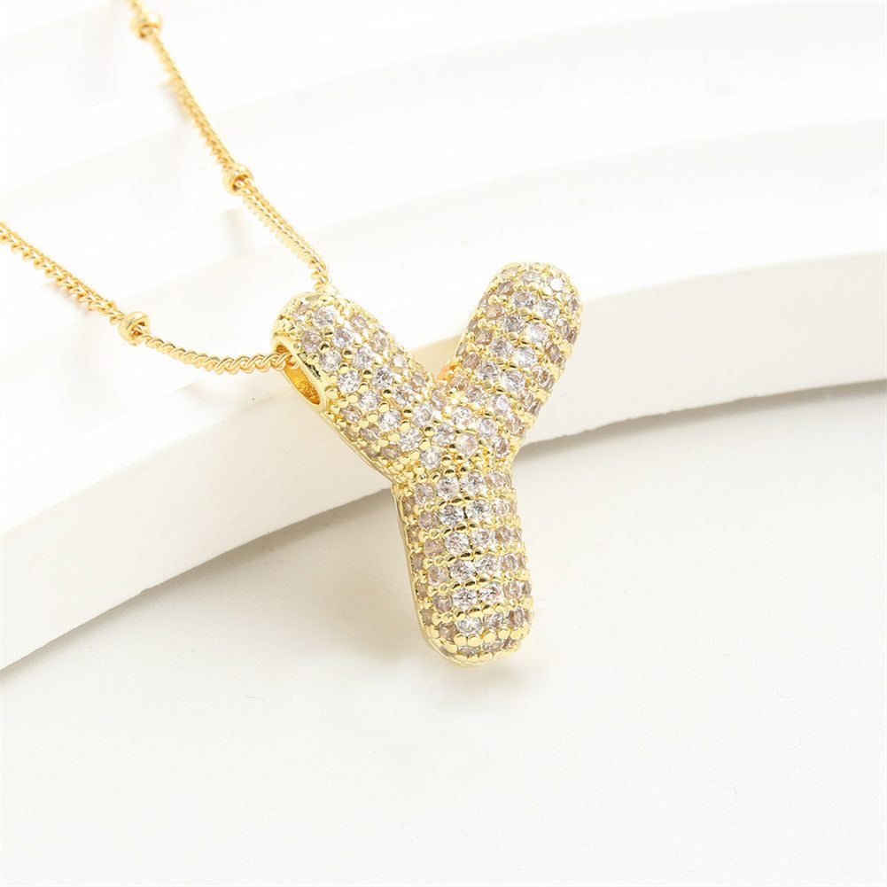 Custom Bubble Letter Initial Rhinestone Pendant Necklace 18K Gold Plated Stainless Steel Personalized Alphabet Letter Initial Necklace
