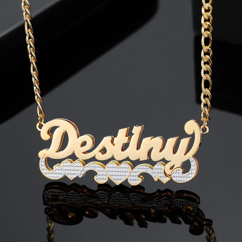 Double Plated Two Tone Custom Name With Triple Heart 18k Gold Plated Stainless Steel Figaro Chain Personalized Necklace