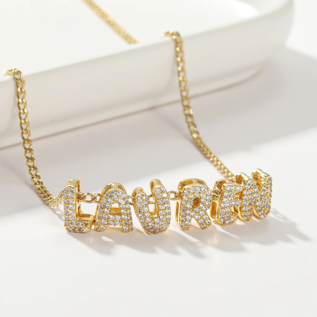 Custom Name 3D Bubble Letter Cubic Zirconia Rhinestone Necklace 18k Gold Plated Hypoallergenic Stainless Steel