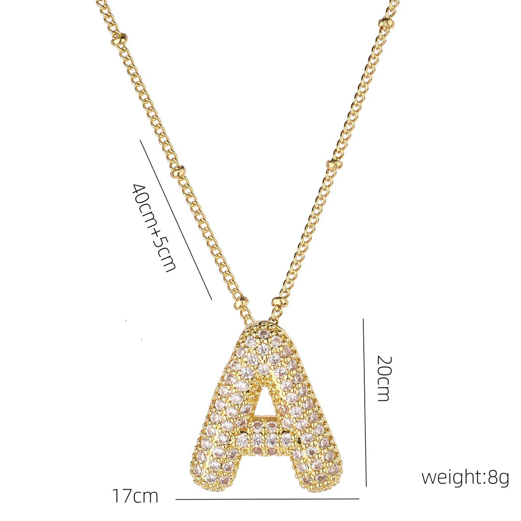 Custom Bubble Letter Initial Rhinestone Pendant Necklace 18K Gold Plated Stainless Steel Personalized Alphabet Letter Initial Necklace